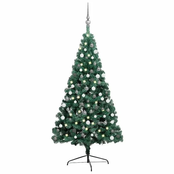 Demi-arbre de Noël artificiel pré-éclairé et boules vert 150 cm