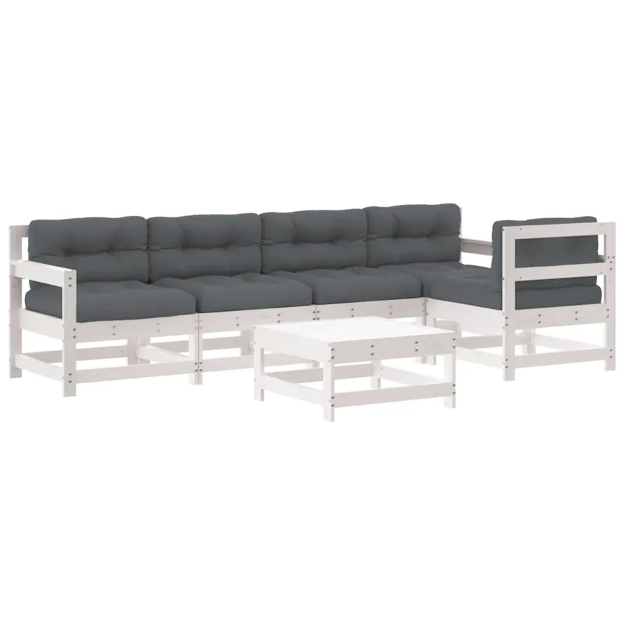Salon de jardin 6 pcs avec coussins blanc bois massif - 2