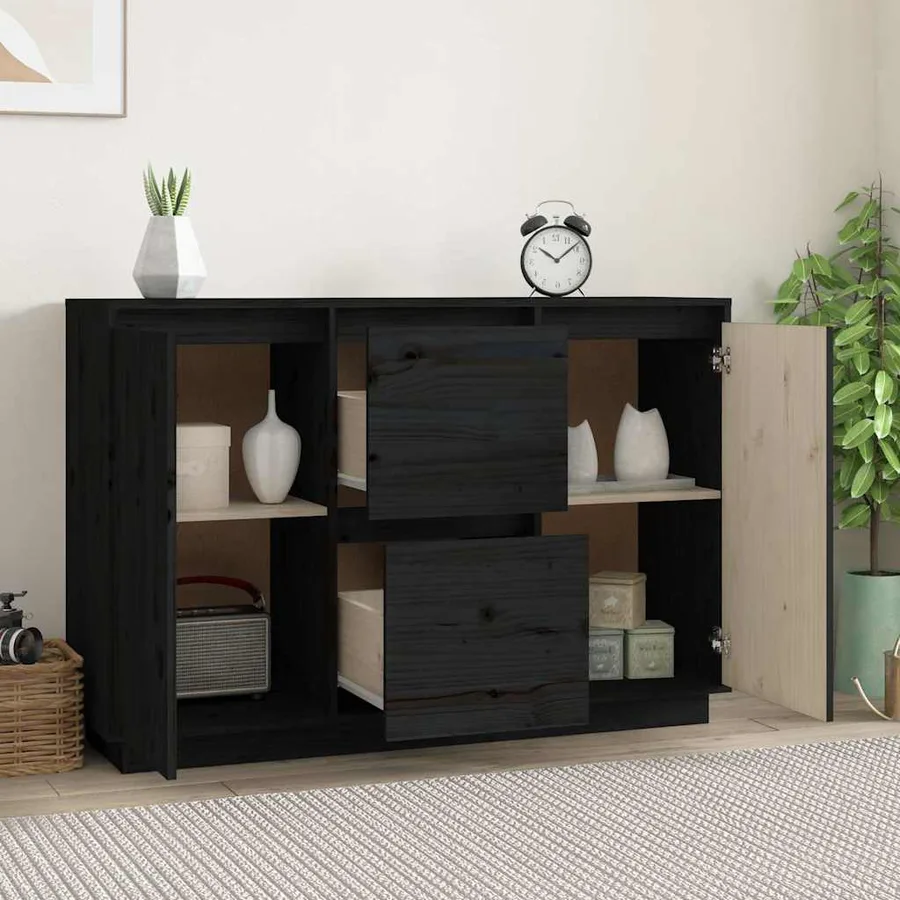 Buffet Noir 111x34x75 cm Bois massif de pin - 3