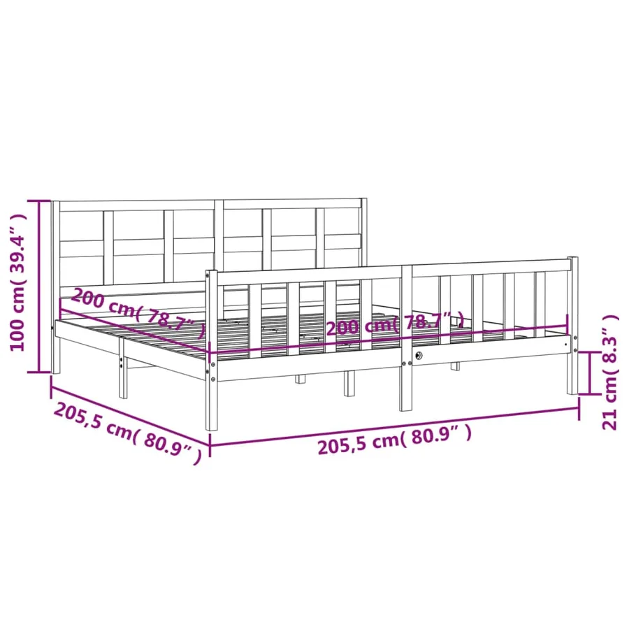 Cadre de lit sans matelas noir 200x200 cm bois massif de pin - 12