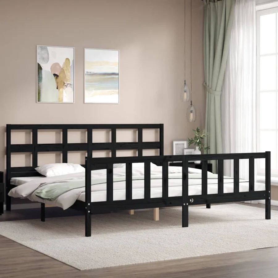 Cadre de lit sans matelas noir 200x200 cm bois massif de pin - 3
