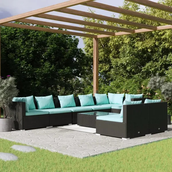 Salon de jardin 9 pcs avec coussins Noir Résine tressée