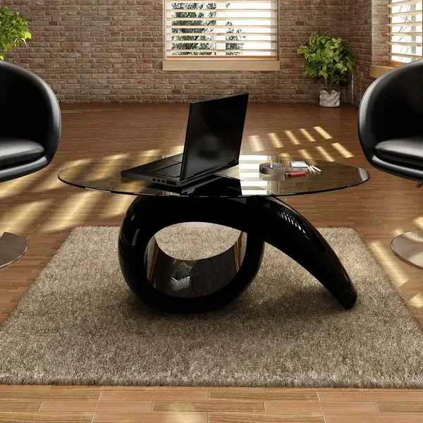 Table basse avec dessus de table en verre ovale Noir brillant