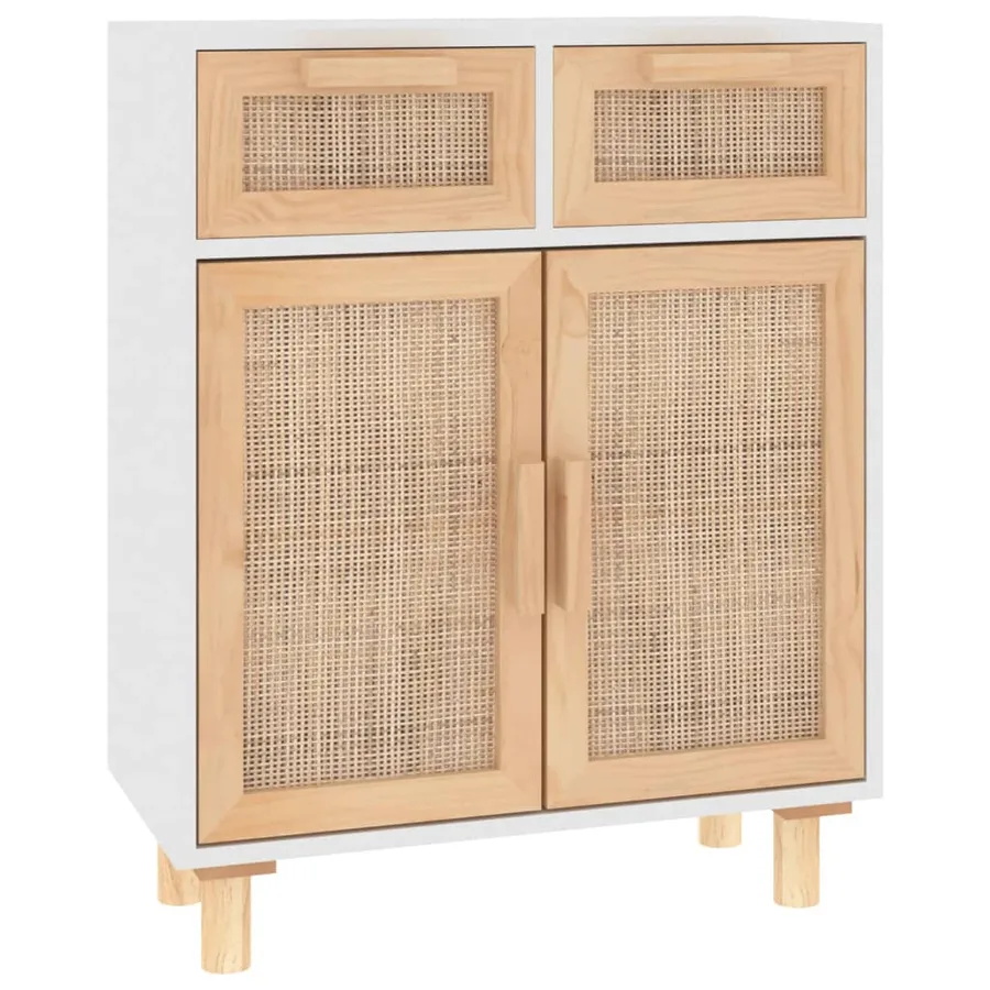 Buffet Blanc 60x30x75 cm Bois de pin massif et rotin naturel - 2