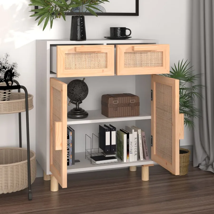 Buffet Blanc 60x30x75 cm Bois de pin massif et rotin naturel - 3