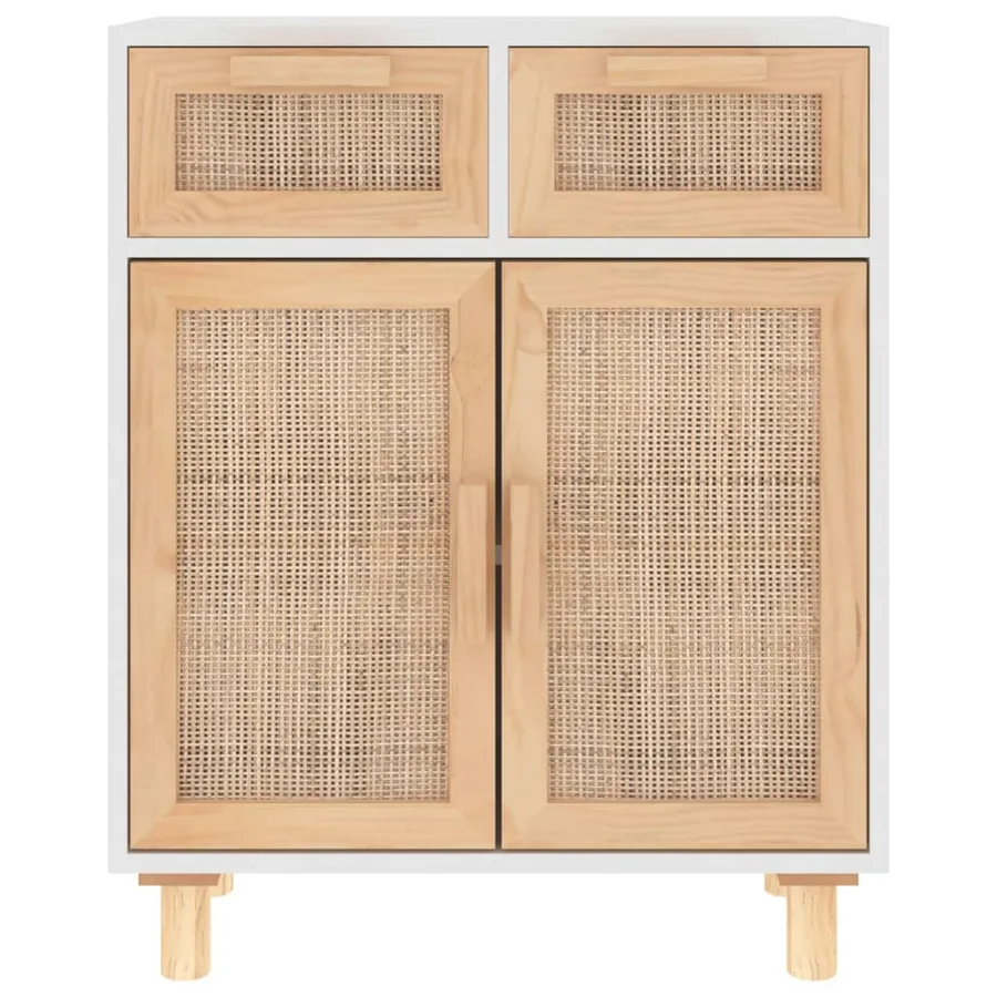 Buffet Blanc 60x30x75 cm Bois de pin massif et rotin naturel - 4
