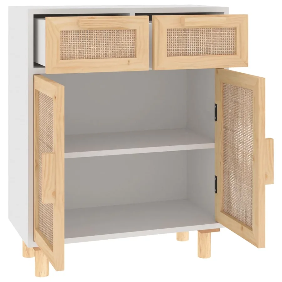 Buffet Blanc 60x30x75 cm Bois de pin massif et rotin naturel - 5