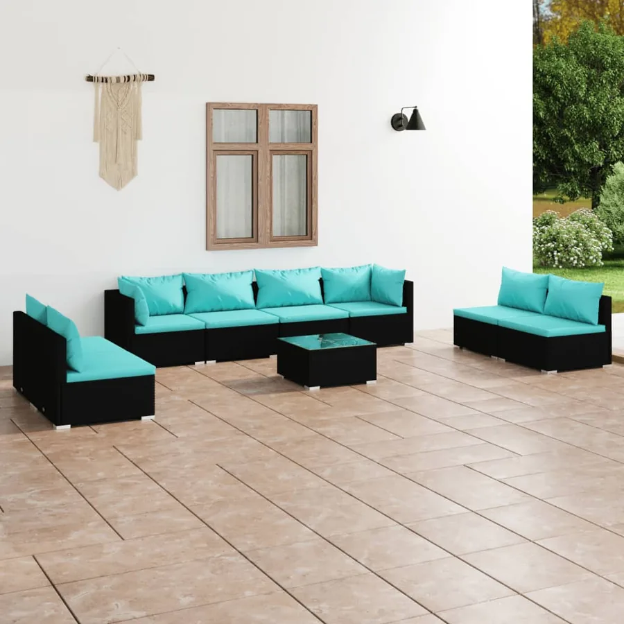 Salon de jardin 9 pcs avec coussins Résine tressée Noir