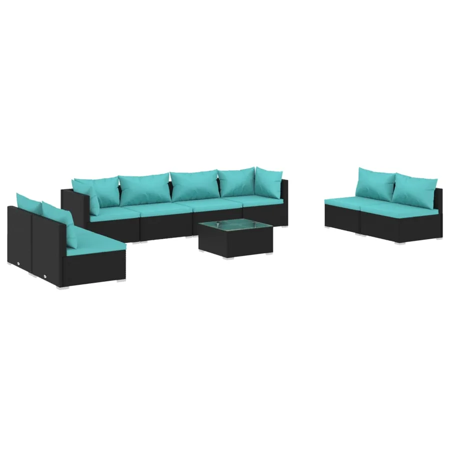 Salon de jardin 9 pcs avec coussins Résine tressée Noir - 2