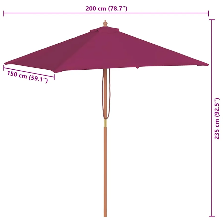 Parasol d'extérieur avec mât en bois 150x200 cm rouge bordeaux - 11