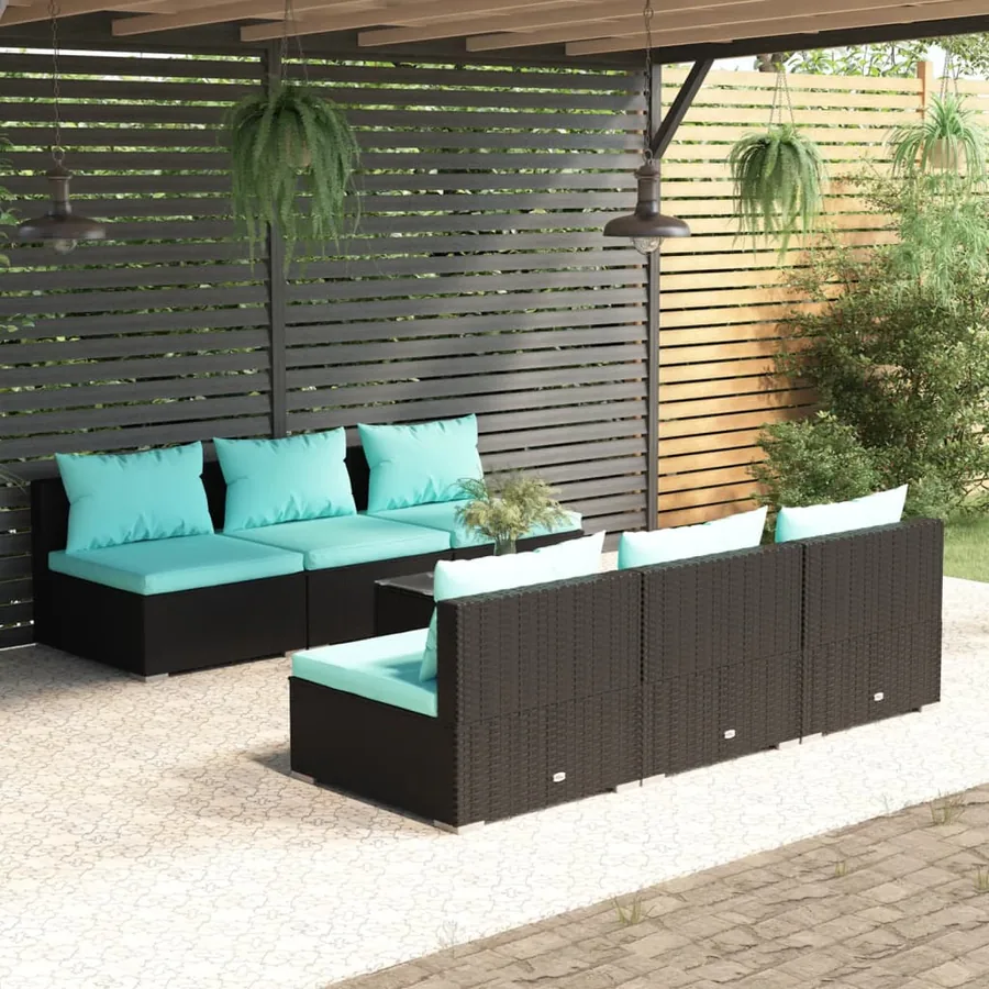 Salon de jardin 7 pcs avec coussins Résine tressée Noir
