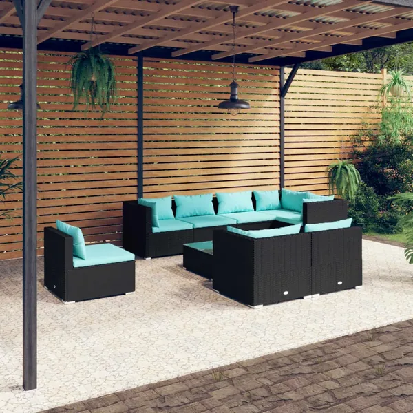 Salon de jardin 9 pcs avec coussins Résine tressée Noir