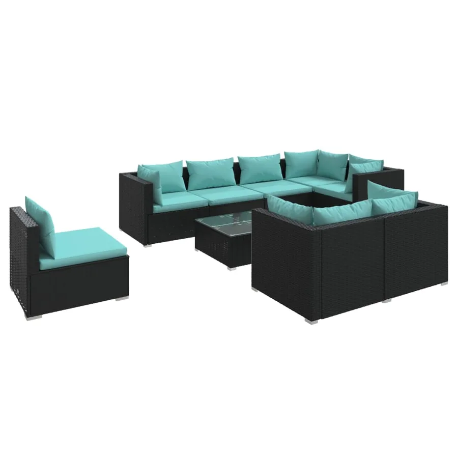 Salon de jardin 9 pcs avec coussins Résine tressée Noir - 2