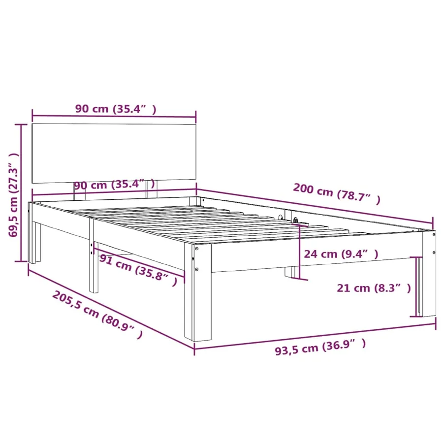 Cadre de lit sans matelas noir bois de pin massif 90x200 cm - 8