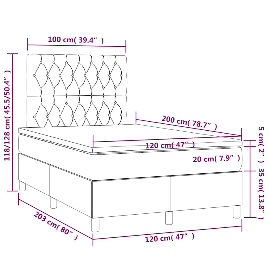 Sommier à lattes de lit et matelas et LED Noir 120x200 cm Tissu - 8