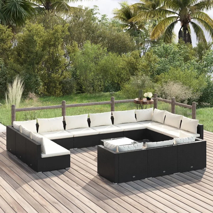 Salon de jardin 14 pcs avec coussins Noir Résine tressée