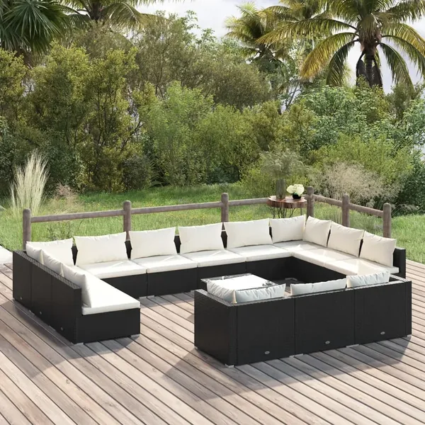 Salon de jardin 14 pcs avec coussins Noir Résine tressée