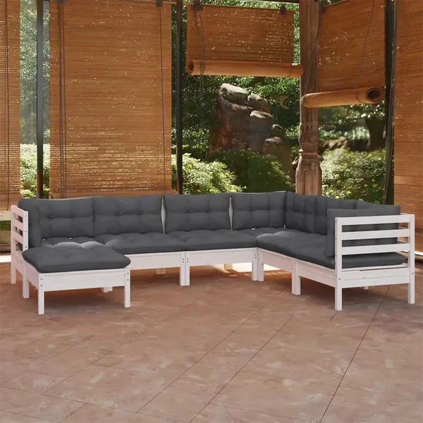Salon de jardin 7 pcs avec coussins blanc bois de pin massif