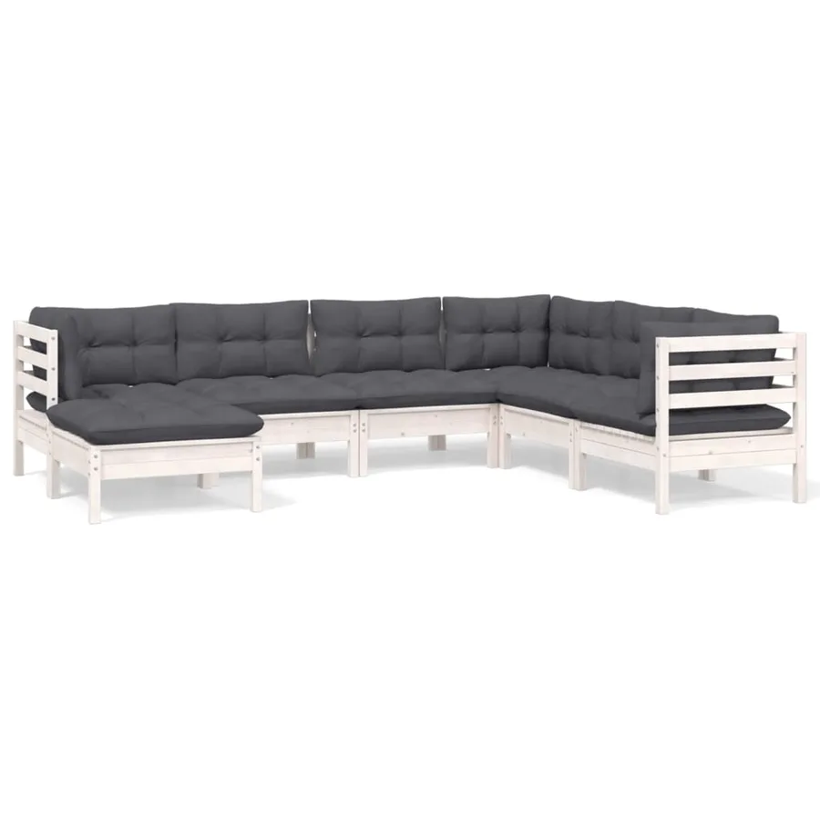 Salon de jardin 7 pcs avec coussins blanc bois de pin massif - 2