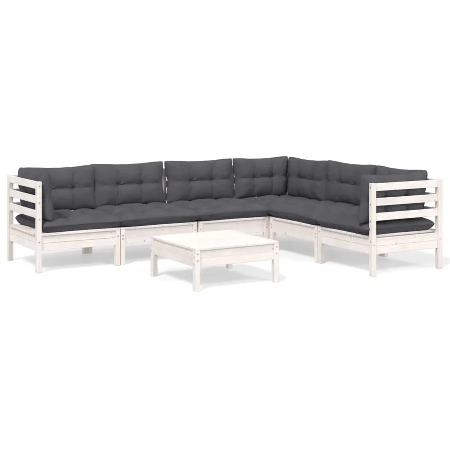 Salon de jardin 7 pcs avec coussins blanc bois de pin massif - 2