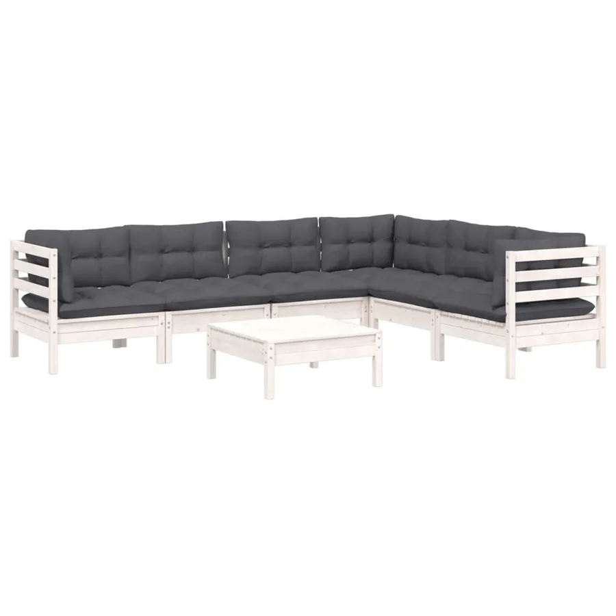 Salon de jardin 7 pcs avec coussins blanc bois de pin massif - 3