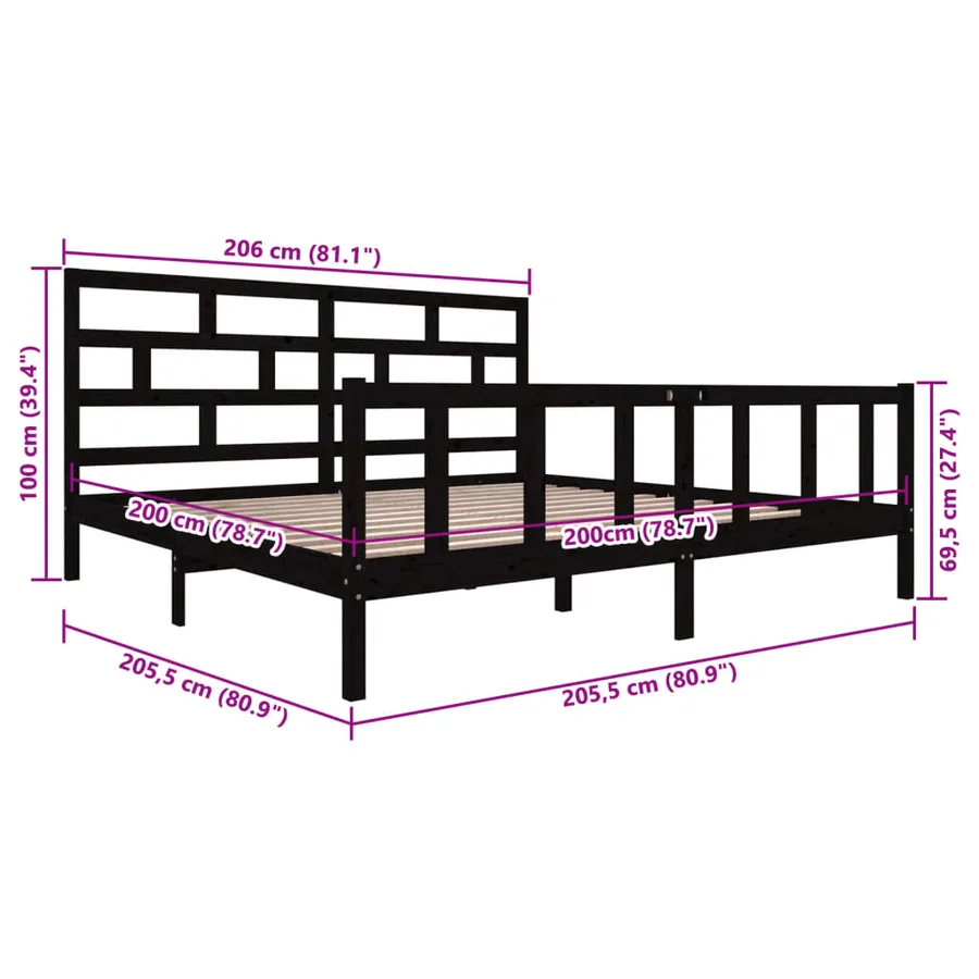 Cadre de lit sans matelas noir bois massif 200x200 cm - 9