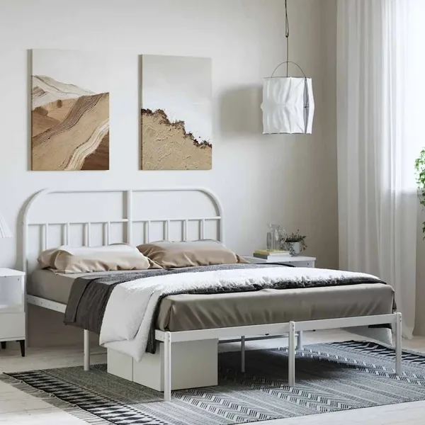 Cadre de lit métal sans matelas et tête de lit blanc 135x190 cm