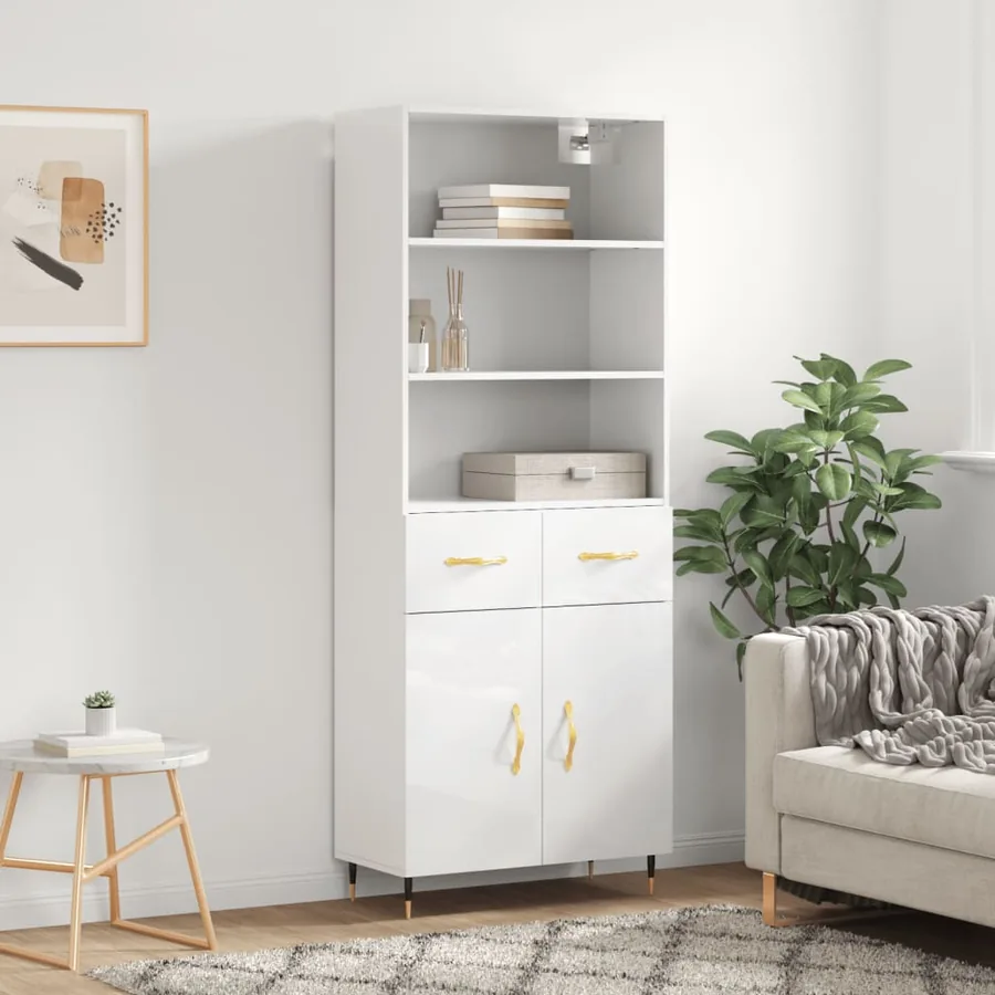 Buffet haut Blanc brillant 69,5x34x180 cm Bois d'ingénierie