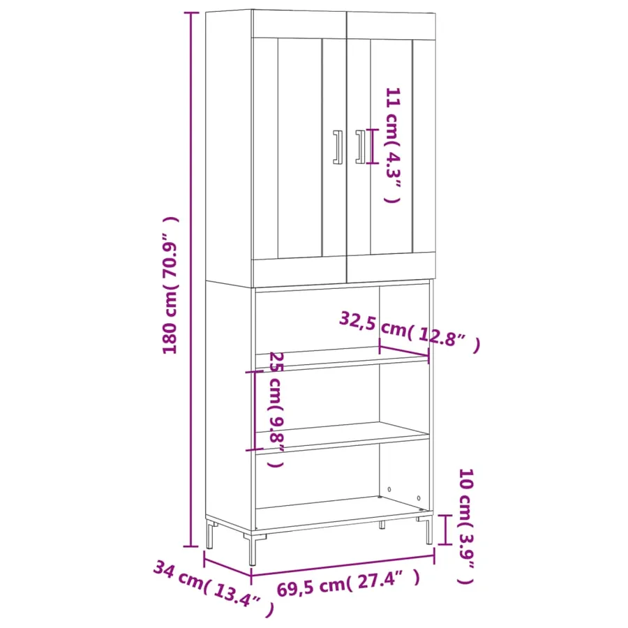 Buffet haut Sonoma gris 69,5x34x180 cm Bois d'ingénierie - 13