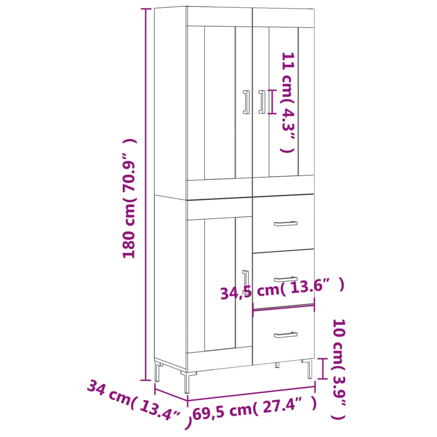 Buffet haut Chêne sonoma 69,5x34x180 cm Bois d'ingénierie - 14