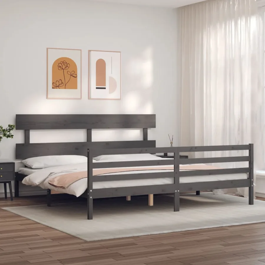 Cadre de lit sans matelas gris 200x200 cm bois massif - 3
