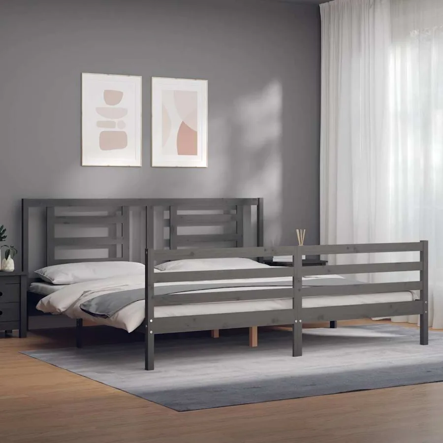 Cadre de lit sans matelas gris 200x200 cm bois massif - 4