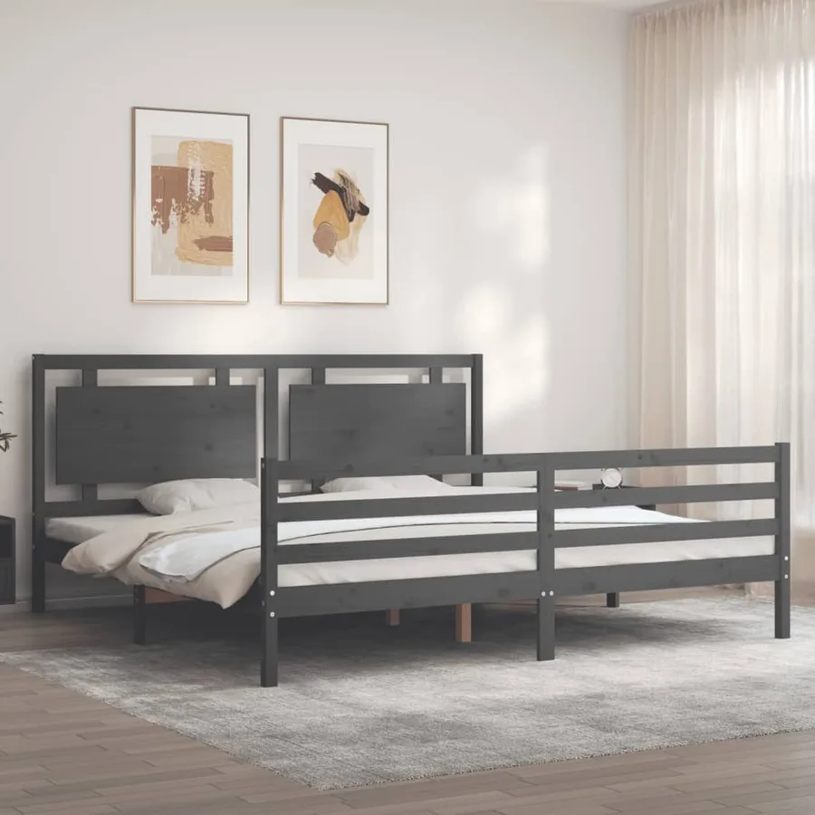 Cadre de lit sans matelas gris 200x200 cm bois massif - 4
