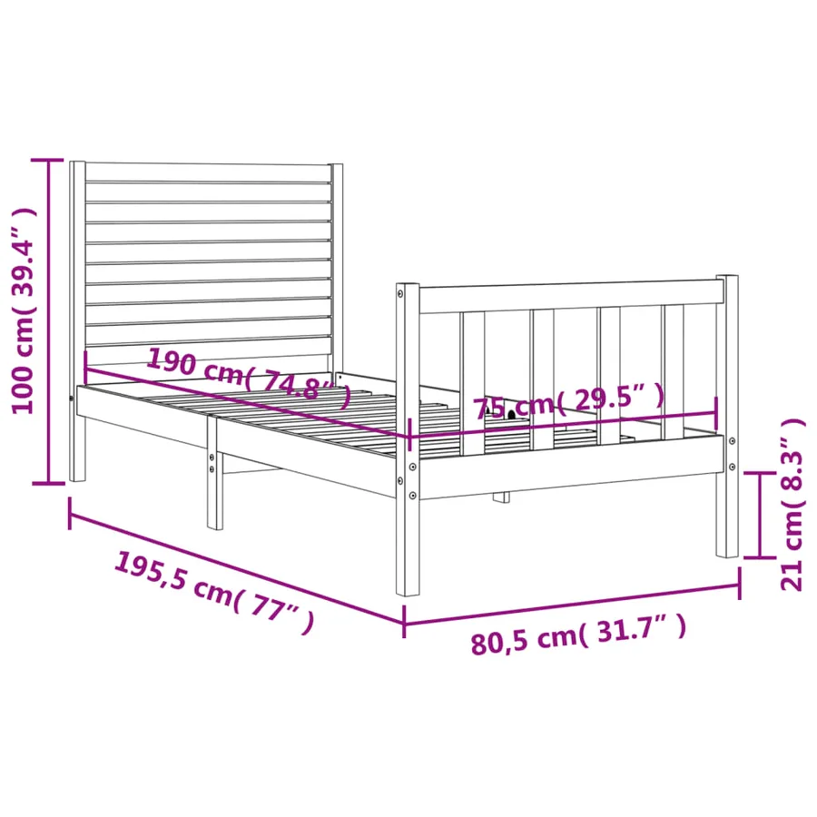 Cadre de lit sans matelas noir bois de pin massif - 12