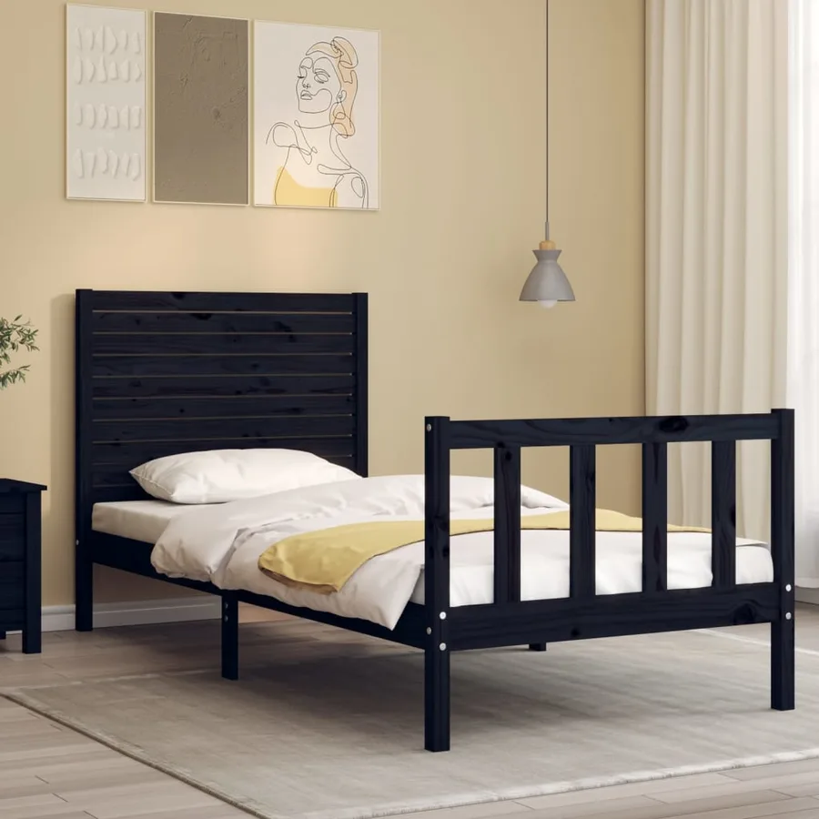 Cadre de lit sans matelas noir bois de pin massif - 3
