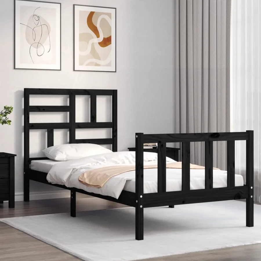 Cadre de lit sans matelas noir bois de pin massif - 3
