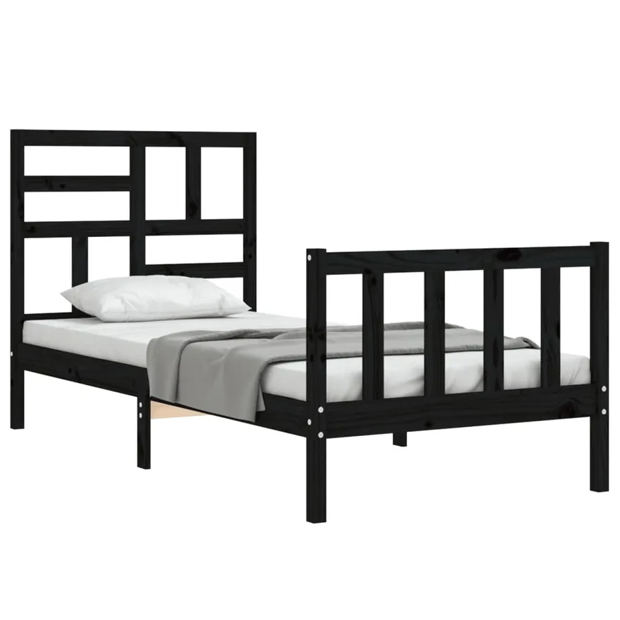 Cadre de lit sans matelas noir bois de pin massif - 4