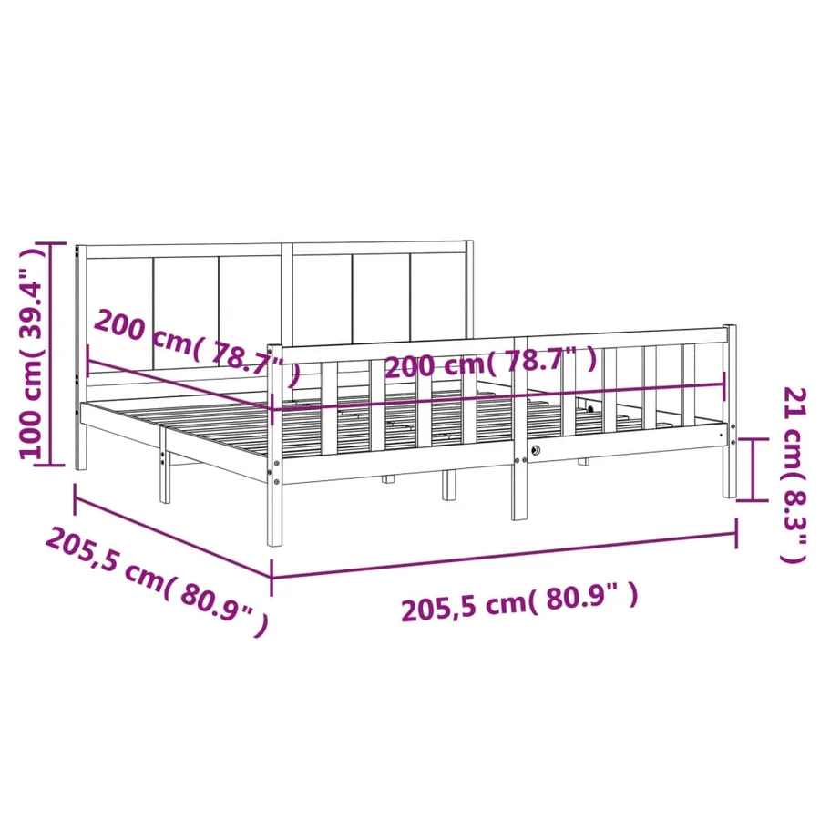 Cadre de lit sans matelas noir 200x200 cm bois massif de pin - 12