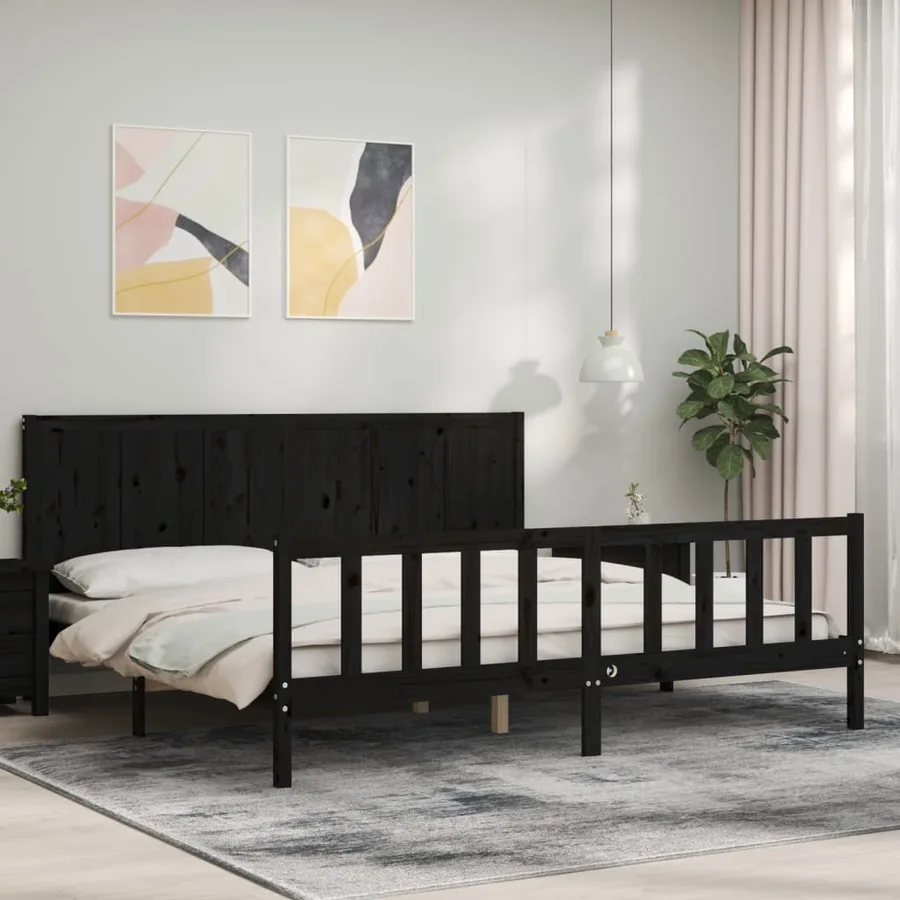 Cadre de lit sans matelas noir 200x200 cm bois massif de pin - 4