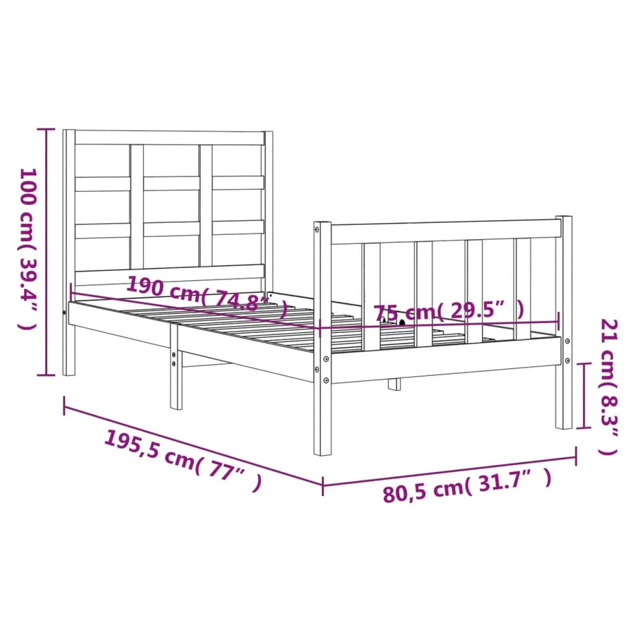 Cadre de lit sans matelas noir bois de pin massif - 12