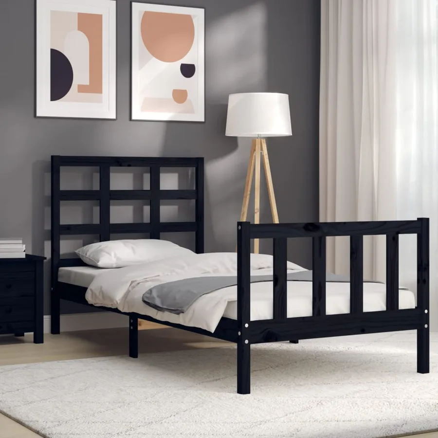 Cadre de lit sans matelas noir bois de pin massif - 4