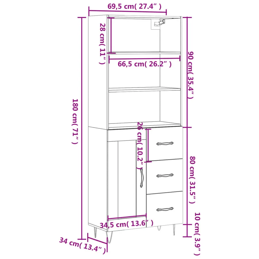 Buffet haut Gris béton 69,5x34x180 cm Bois d'ingénierie - 13