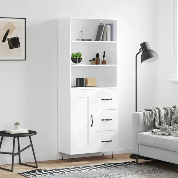 Buffet haut Blanc brillant 69,5x34x180 cm Bois d'ingénierie