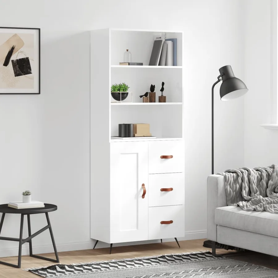 Buffet haut Blanc brillant 69,5x34x180 cm Bois d'ingénierie