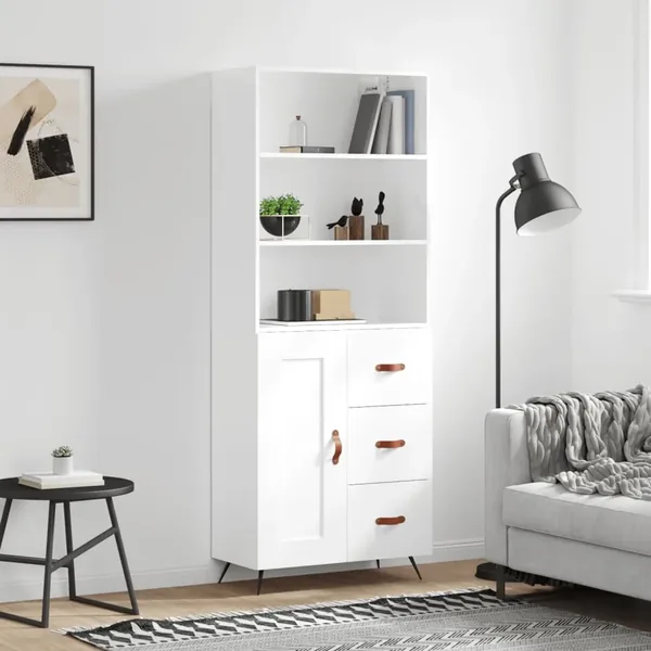 Buffet haut Blanc brillant 69,5x34x180 cm Bois d'ingénierie