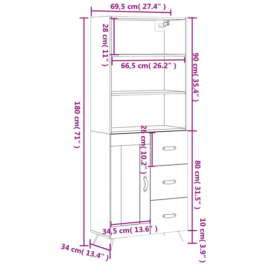 Buffet haut Blanc brillant 69,5x34x180 cm Bois d'ingénierie - 14