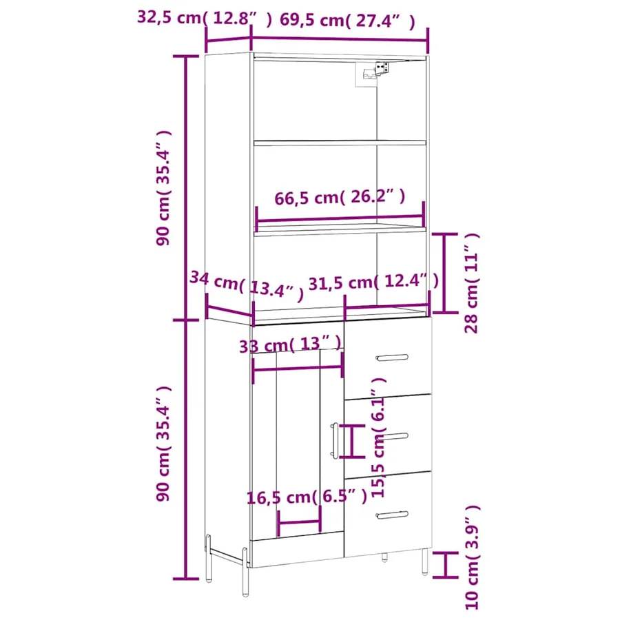 Buffet haut Noir 69,5x34x180 cm Bois d'ingénierie - 14