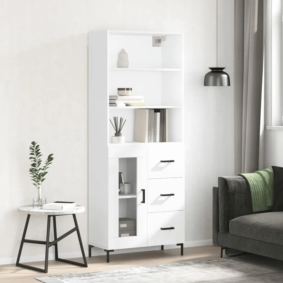 Buffet haut Blanc brillant 69,5x34x180 cm Bois d'ingénierie