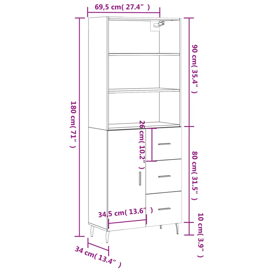 Buffet haut Blanc 69,5x34x180 cm Bois d'ingénierie - 14
