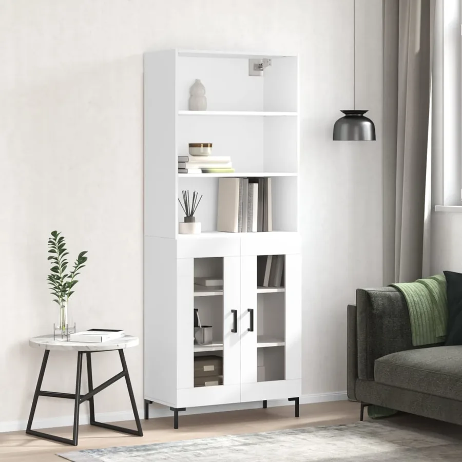 Buffet haut Blanc brillant 69,5x34x180 cm Bois d'ingénierie